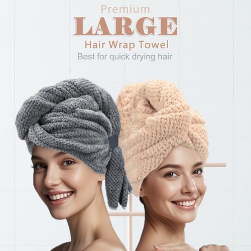 FREATECH 2-Pack Large Microfiber Hair Towel with Elastic Band