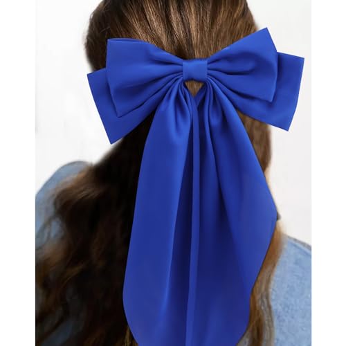VELSCRUN 3Pcs Silky Satin Hair Bows and Barrettes in White Black Dark Blue