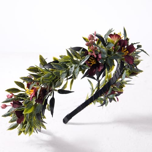 KorViSHOW Leaf Flower Crown Dark Red Headband for Women Girls