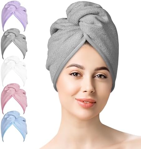YoulerTex Microfiber Hair Towel Set - 5 Pack Turban Shower Cap