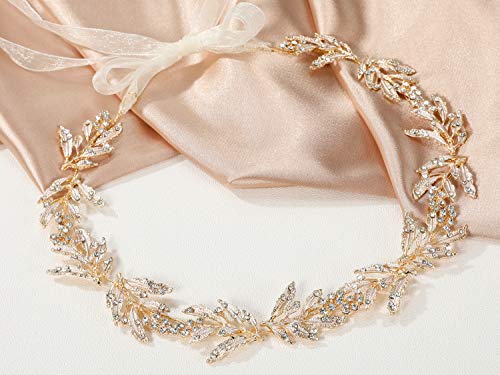 SWEETV Leaf Bridal Headband with Rhinestones