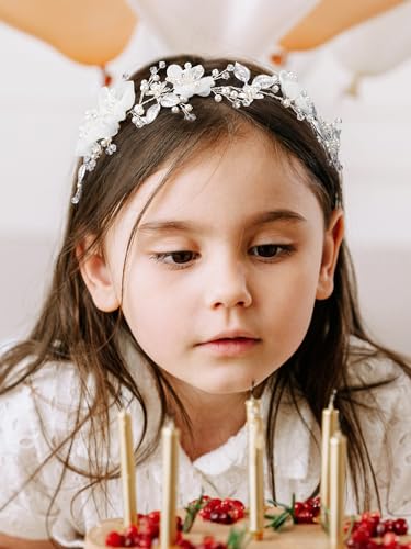SWEETV Silver Flower Girl Headpiece with Pearls and Crystals