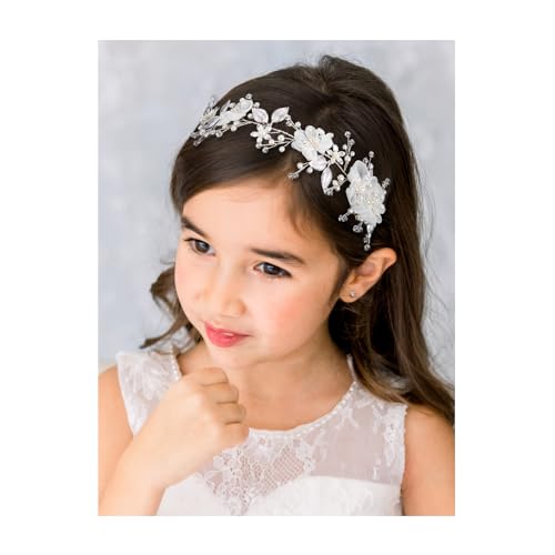 SWEETV Silver Flower Girl Headpiece with Pearls and Crystals