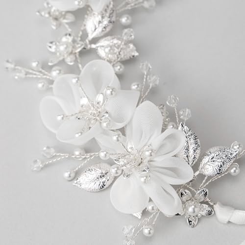SWEETV Silver Flower Girl Headpiece with Pearls and Crystals