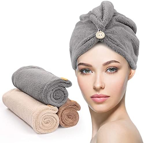 YFONG 3 Pack Microfiber Hair Drying Towels with Button