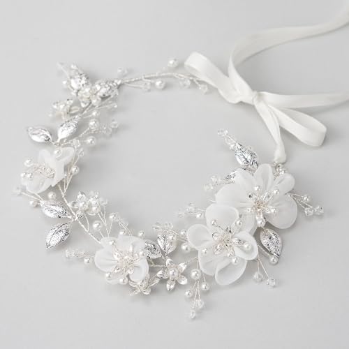 SWEETV Silver Flower Girl Headpiece with Pearls and Crystals