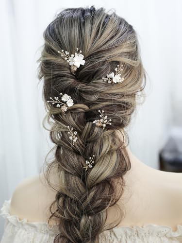 Handmade Pearl Hair Clips 6Pcs Gold Leaf Wedding Accessories