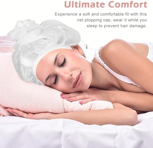 Adjustable Net Plopping Cap for Curly Hair Drying White with Drawstring