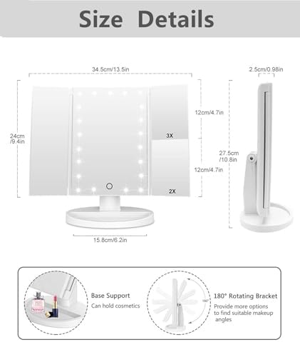 Flymiro Tri-Fold Lighted Vanity Mirror with 3X2X Magnification