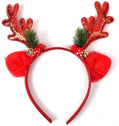 Christmas Red Headband with Elk Antlers and Bells