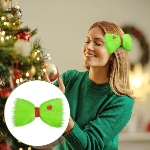 7 Green Furry Christmas Hair Bow Clip with Red Heart