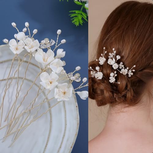 Handmade Wedding Hair Pins 5Pcs White Flower Zircon Pearl Clips