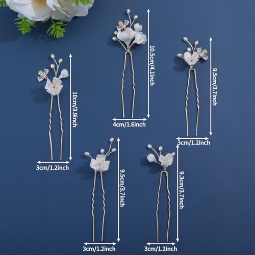 Handmade Wedding Hair Pins 5Pcs White Flower Zircon Pearl Clips