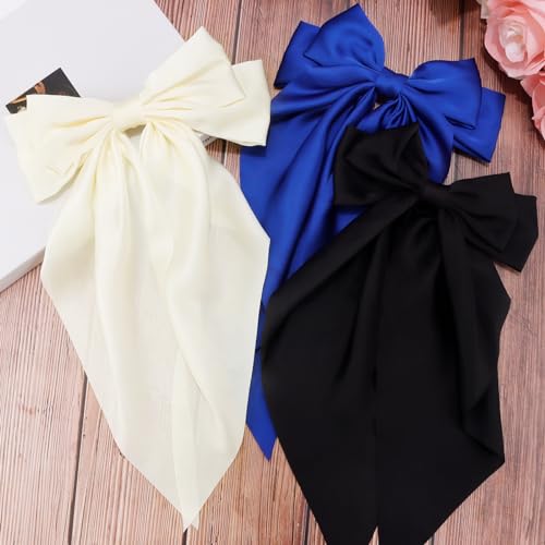 VELSCRUN 3Pcs Silky Satin Hair Bows and Barrettes in White Black Dark Blue
