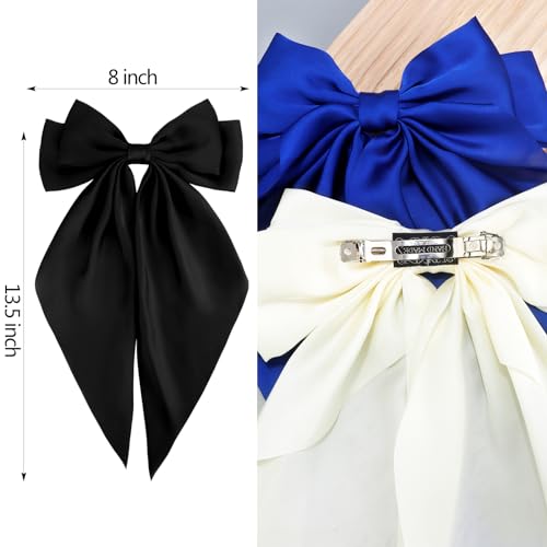 VELSCRUN 3Pcs Silky Satin Hair Bows and Barrettes in White Black Dark Blue
