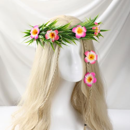 Hawaiian Flower Crown Headband - 3 Pcs Plumeria Hair Clips