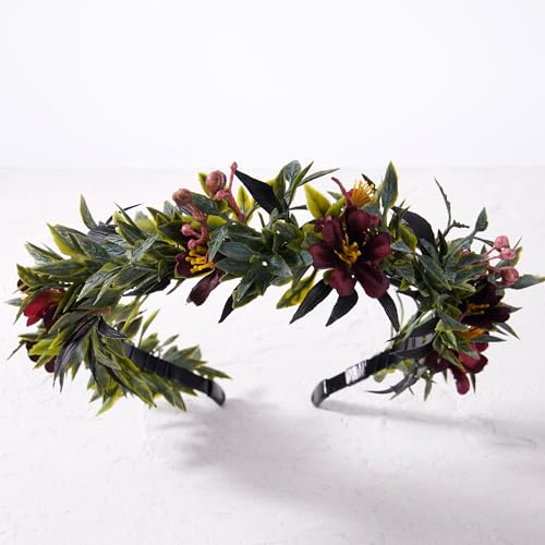 KorViSHOW Leaf Flower Crown Dark Red Headband for Women Girls