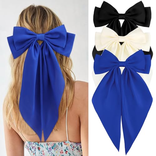 VELSCRUN 3Pcs Silky Satin Hair Bows and Barrettes in White Black Dark Blue