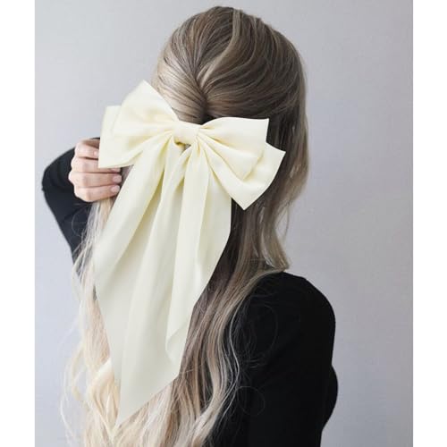 VELSCRUN 3Pcs Silky Satin Hair Bows and Barrettes in White Black Dark Blue
