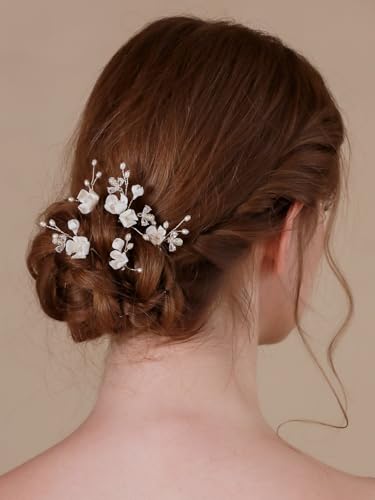 Handmade Wedding Hair Pins 5Pcs White Flower Zircon Pearl Clips