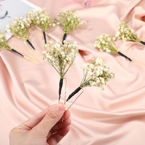 12 Pcs Babys Breath Hair Pins with Pearl Wedding Accessories