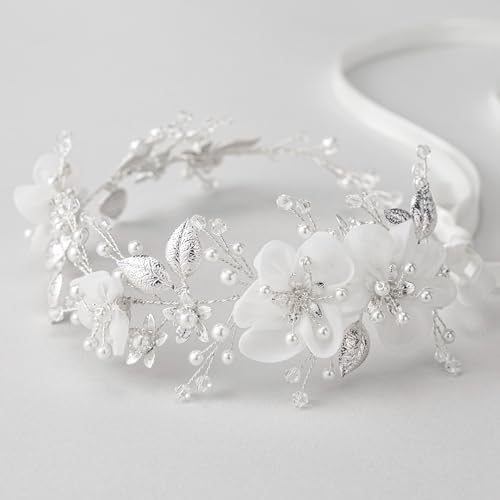 SWEETV Silver Flower Girl Headpiece with Pearls and Crystals