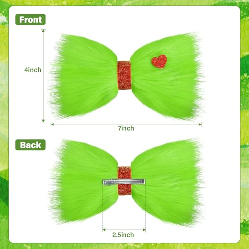 7 Green Furry Christmas Hair Bow Clip with Red Heart