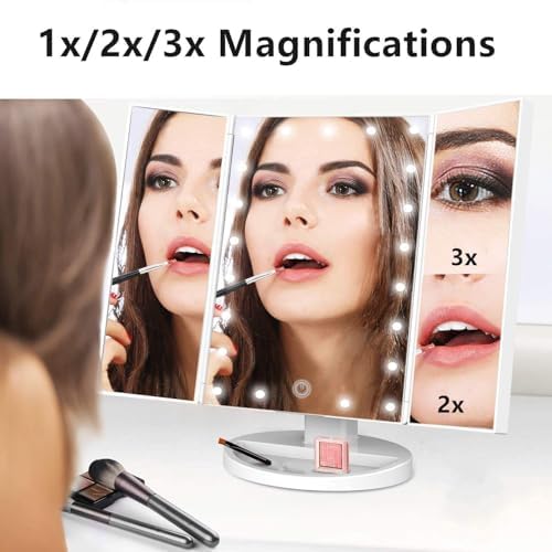 Flymiro Tri-Fold Lighted Vanity Mirror with 3X2X Magnification