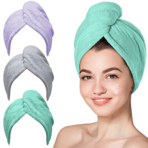 Hicober Microfiber Hair Towel Wrap - Purple Green Grey Pack of 3