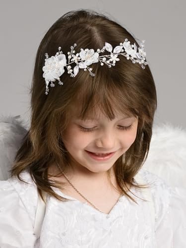 SWEETV Silver Flower Girl Headpiece with Pearls and Crystals