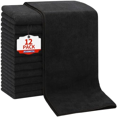 Fixsmith Salon Towels 12 Pack Black Microfiber Hair Drying Towels