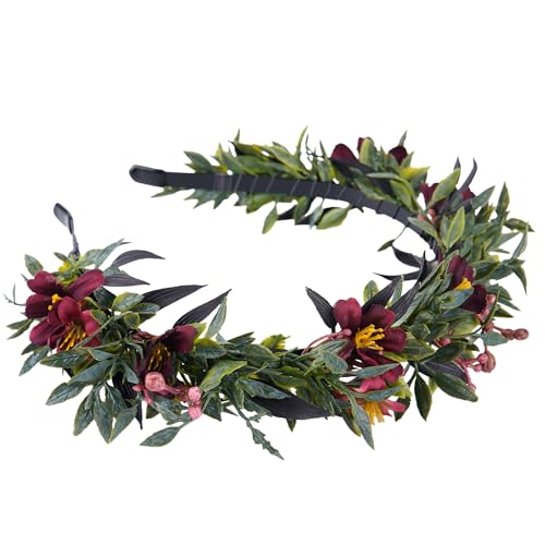 KorViSHOW Leaf Flower Crown Dark Red Headband for Women Girls