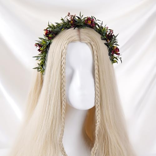 KorViSHOW Leaf Flower Crown Dark Red Headband for Women Girls