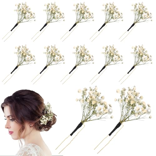 12 Pcs Babys Breath Hair Pins with Pearl Wedding Accessories