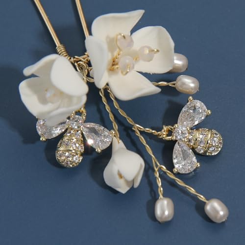 Handmade Wedding Hair Pins 5Pcs White Flower Zircon Pearl Clips