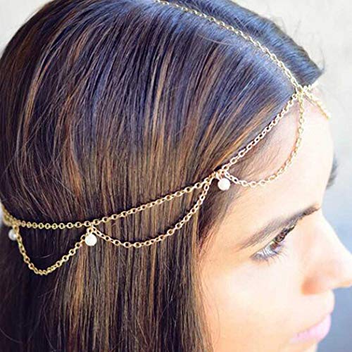 Blindery Gold Pearl Boho Headband Hair Chain
