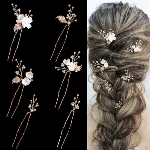 Handmade Pearl Hair Clips 6Pcs Gold Leaf Wedding Accessories