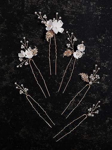 Handmade Pearl Hair Clips 6Pcs Gold Leaf Wedding Accessories