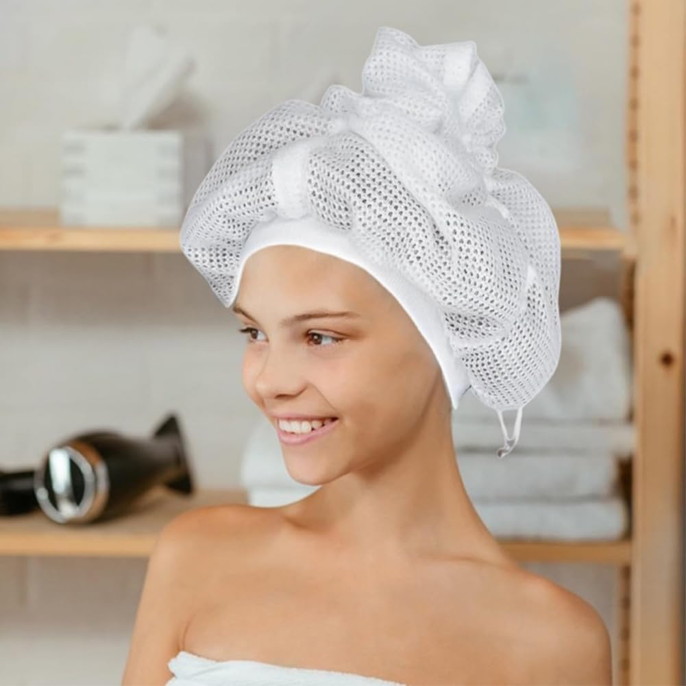 Adjustable Net Plopping Cap for Curly Hair Drying White with Drawstring