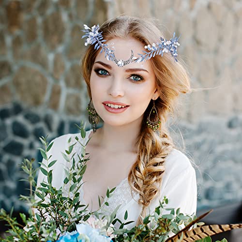 MOSTORY Handmade Silver Moon Crown with Rhinestone Flowers
