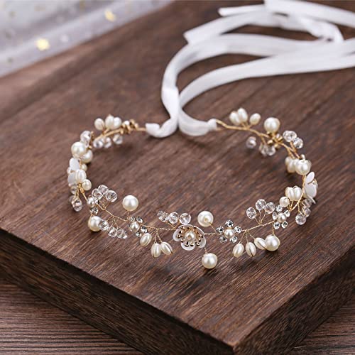 KAYZON Bridal Pearl Flower Headband Gold