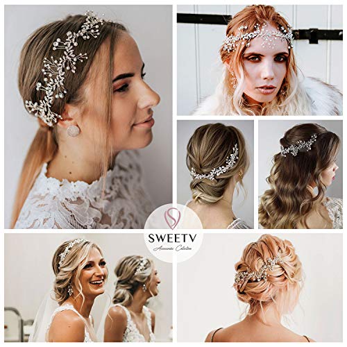 SWEETV Crystal Wedding Headband with Pearls and Rhinestones
