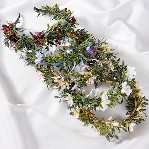 KorViSHOW Leaf Flower Crown Dark Red Headband for Women Girls