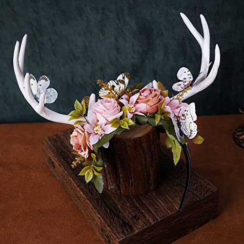 MOSTORY White Antler Headband with Flower Crown for Women Girls