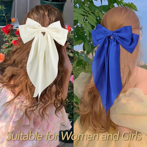 VELSCRUN 3Pcs Silky Satin Hair Bows and Barrettes in White Black Dark Blue