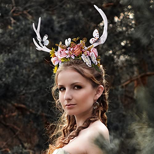 MOSTORY White Antler Headband with Flower Crown for Women Girls