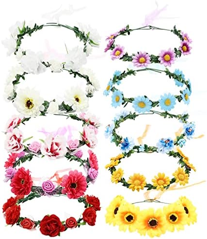 Lawie 10 Pack Boho Flower Crowns with Ribbon