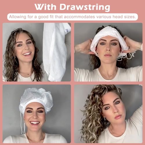 Adjustable Net Plopping Cap for Curly Hair Drying White with Drawstring