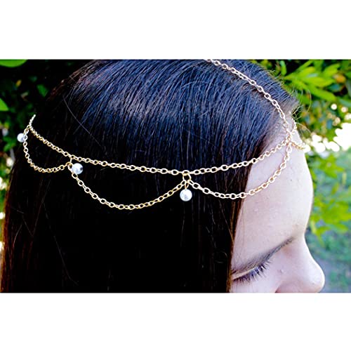 Blindery Gold Pearl Boho Headband Hair Chain