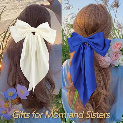 VELSCRUN 3Pcs Silky Satin Hair Bows and Barrettes in White Black Dark Blue